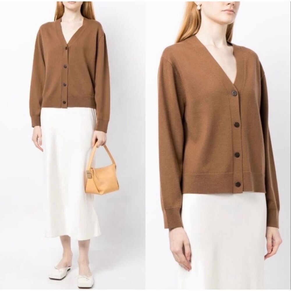 Vince Wool + Cashmere V-Neck Knit High Button Cardigan in Mink Brown Size M - Picture 12 of 12